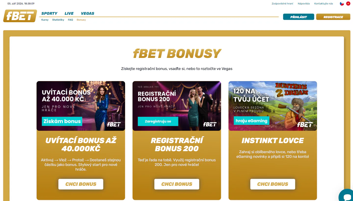 Aktuální zobrazení aktuální bonusové sekce fBET s viditelnou nabídkou pro přihlášeného hráče
