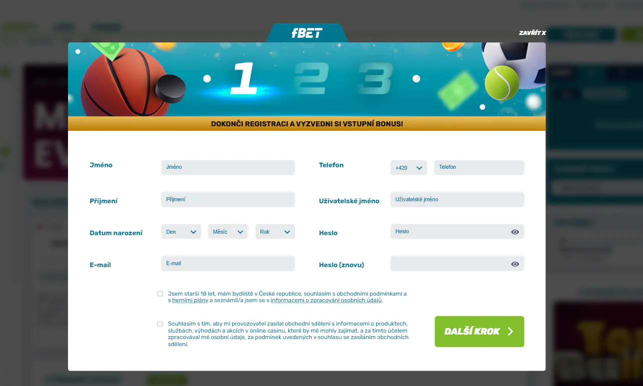 Aktuální zobrazení aktuálního registračního nebo BankID kroku na webu fBET