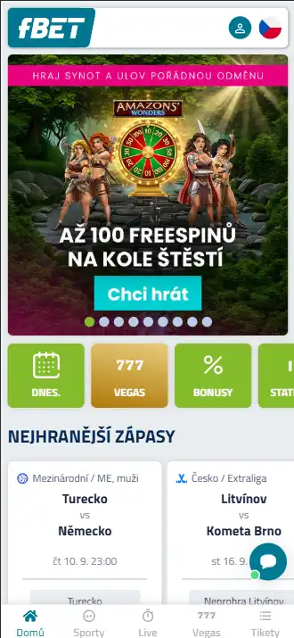 Aktuální zobrazení responzivního webu fbet.cz zobrazeného na mobilním viewportu