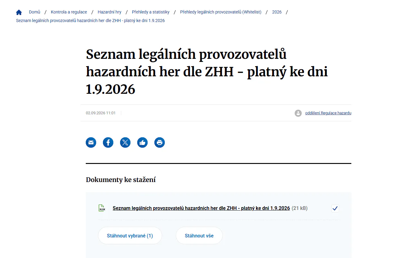 Aktuální zobrazení aktuální stránky Ministerstva financí se seznamem legálních provozovatelů hazardních her platným k 1. září 2026