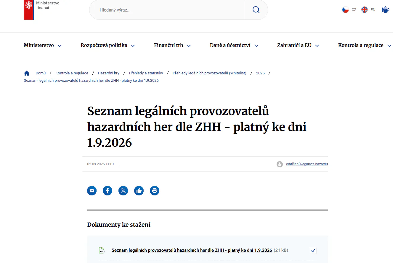 Aktuální zobrazení aktuálního seznamu legálních provozovatelů Ministerstva financí s datem platnosti